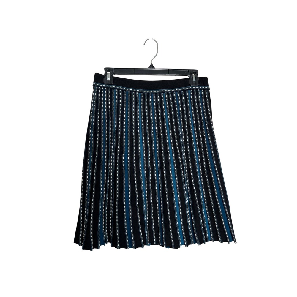 Etcetera Womens Small Knit A-Line Skirt Black Teal Blue Striped Pleated Look S